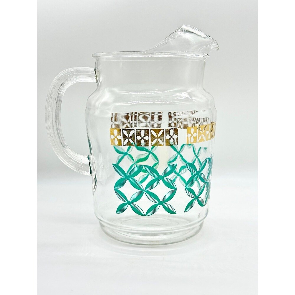 Vintage MCM Federal glass juice carafe jug pitcher gold trim teal green design - Picture 4 of 9